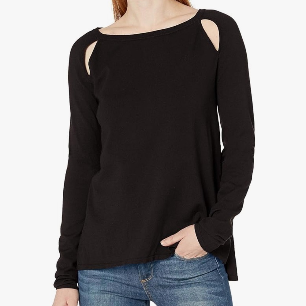 NYDJ Slash Front Black Sweater Women’s Size XL Fine Knit Side Slits Scoop Neck